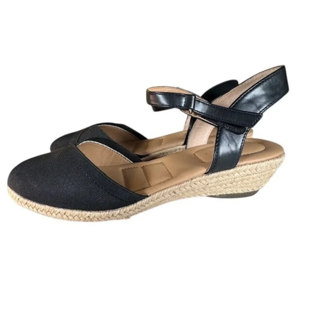Kelly & Katie Black Canvas Espadrille Wedge Ankle Strap Flats Women's Size 9W
